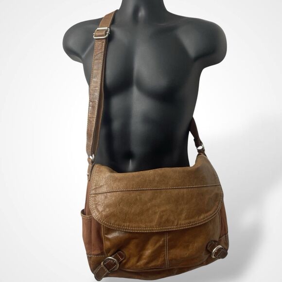 Fossil Brown Canvas Real Leather Distressed Large Messenger Bag Office School - Picture 1 of 12